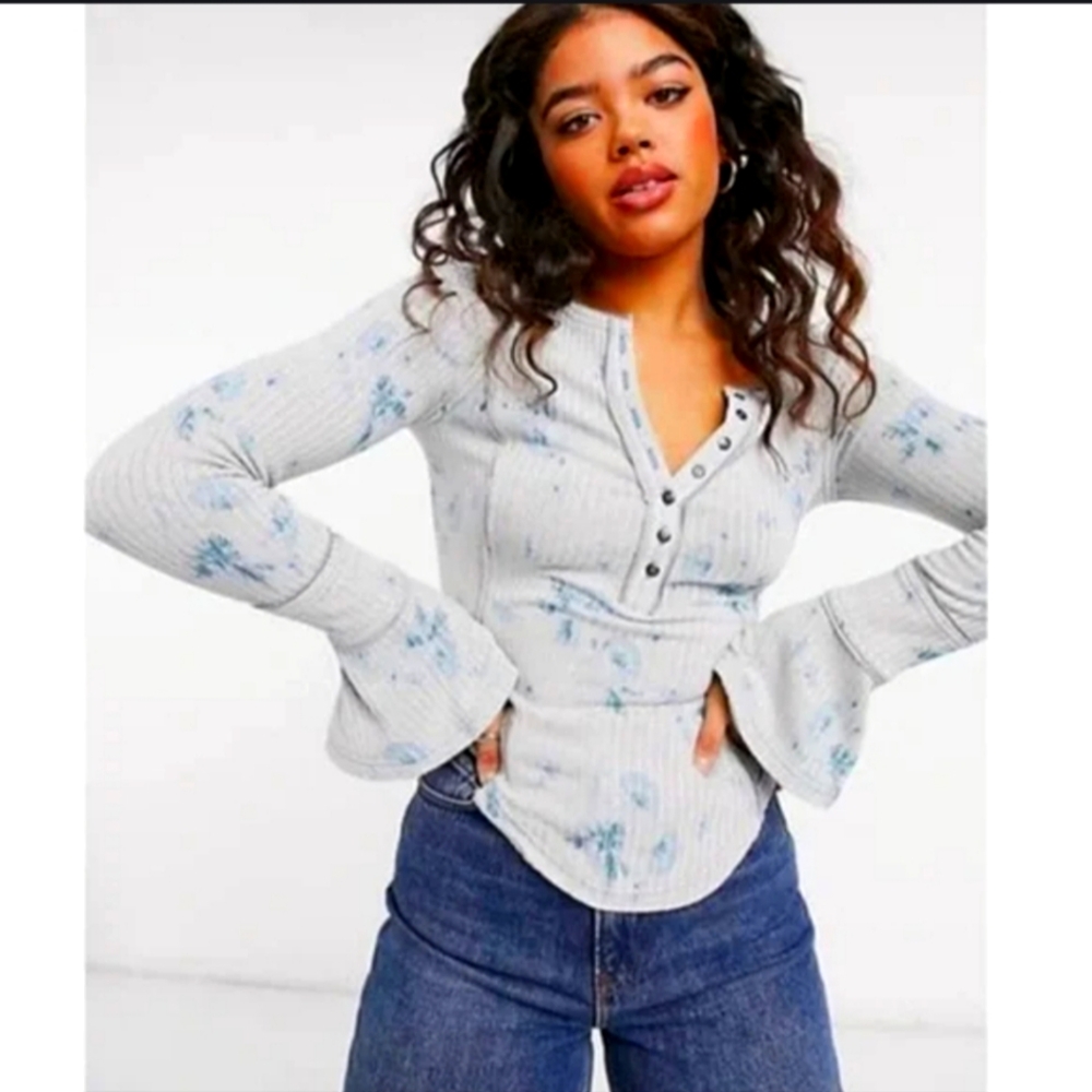 Free People Layer Me Henley Long Bell Sleeve V-Neck Ribbed Top S Etoo